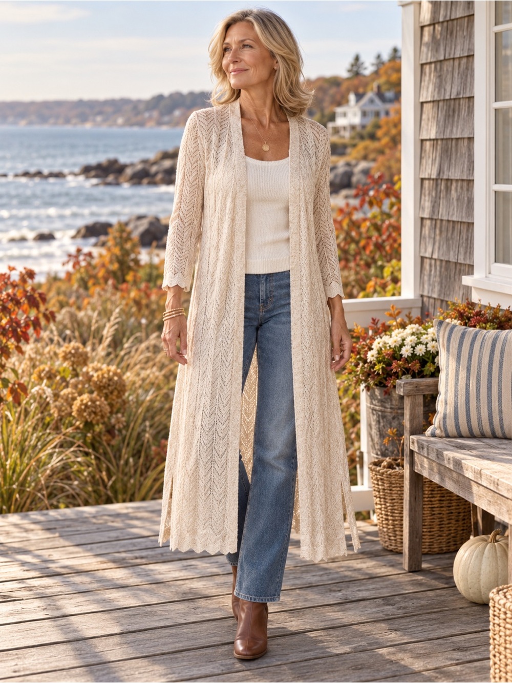 WHITE HOUSE BLACK MARKET Chevron Pointelle Duster Cardigan Beige Cream Size Sm